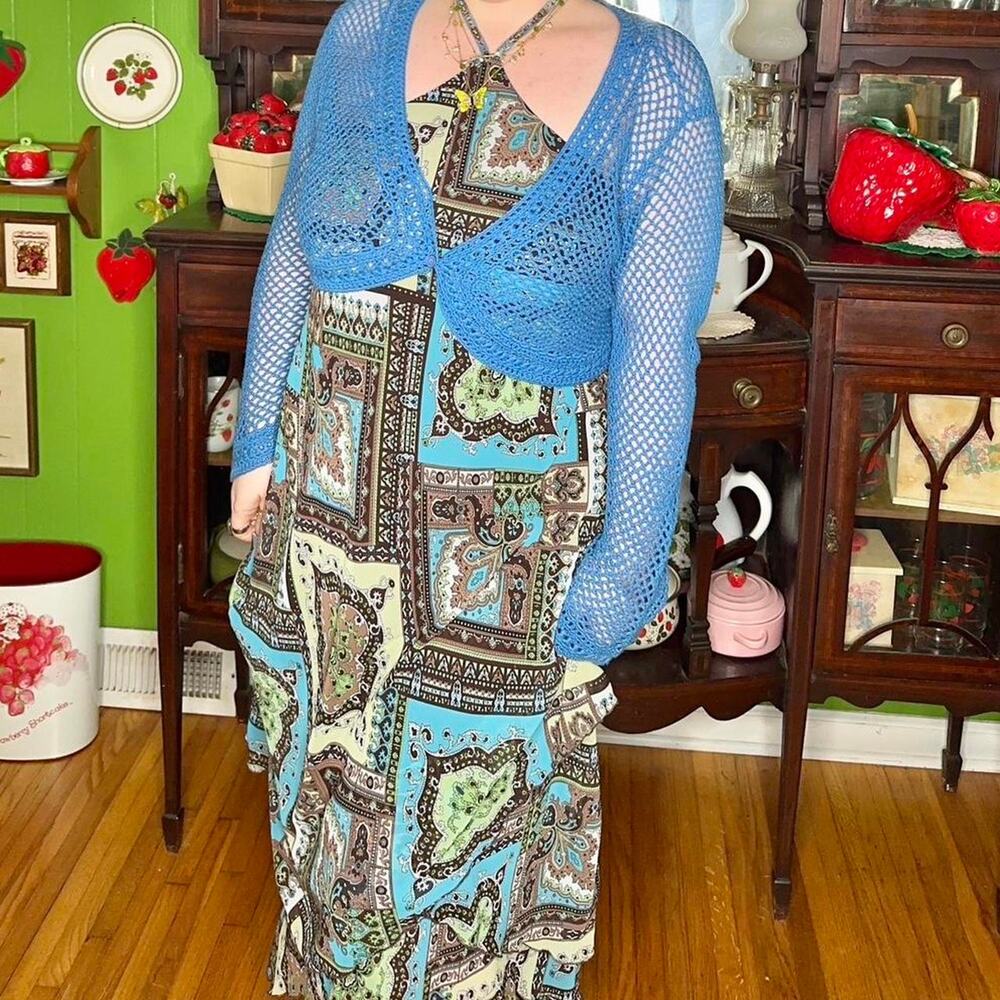 Vintage y2k norton mcnaughton boho blue crochet sheer knit cropped bolero